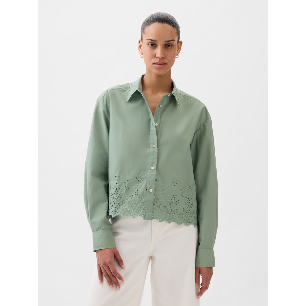 LS CROPPED SHIRT - EYELET HEM - SAGE 