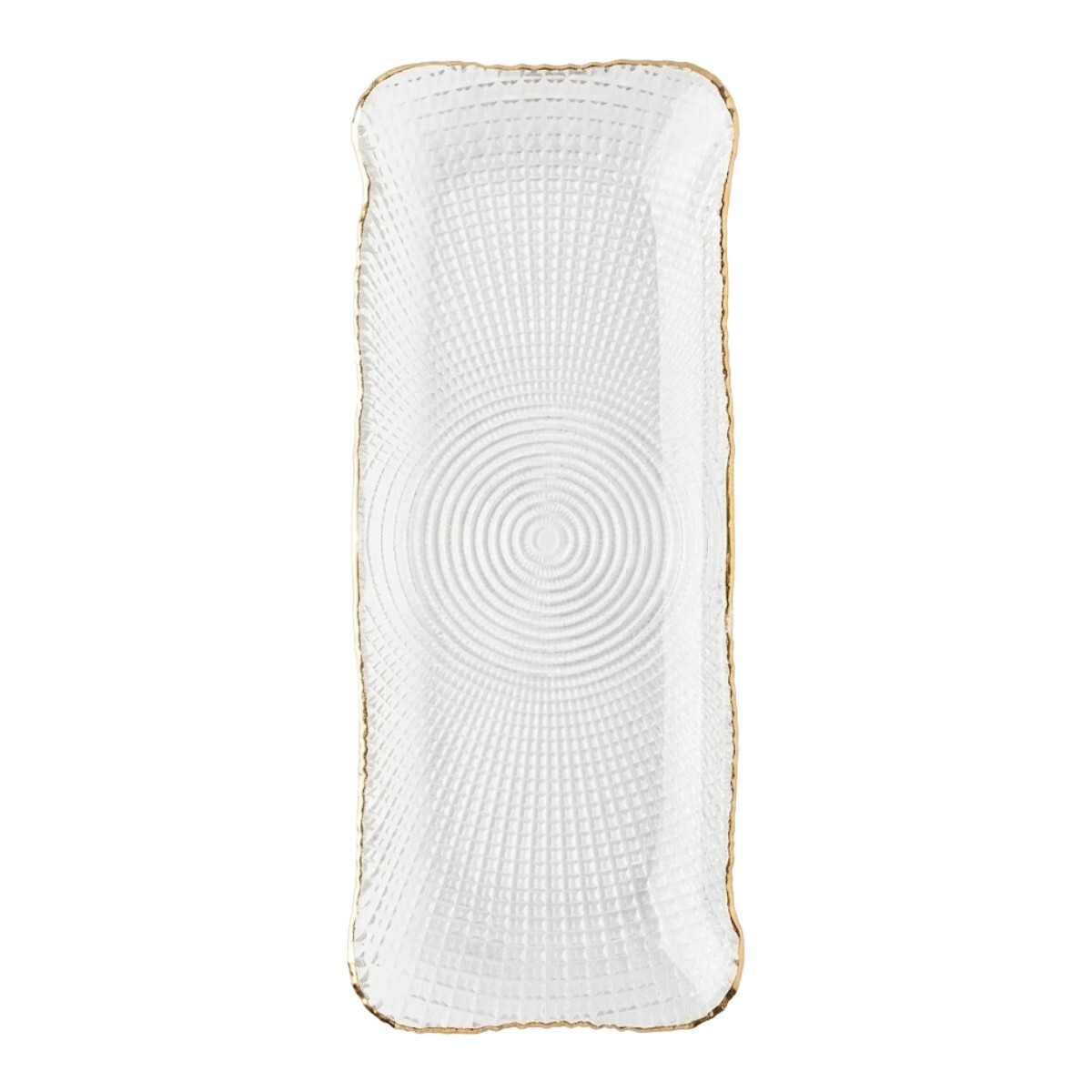 BANDEJA VIDRIO RECT BORDE DORADO 32X12CM 