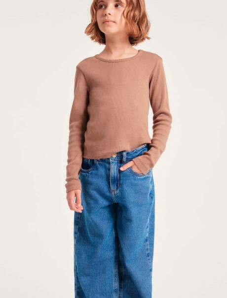 BLUSA MANGA LARGA INFANTIL CON BORDADO MARRÓN