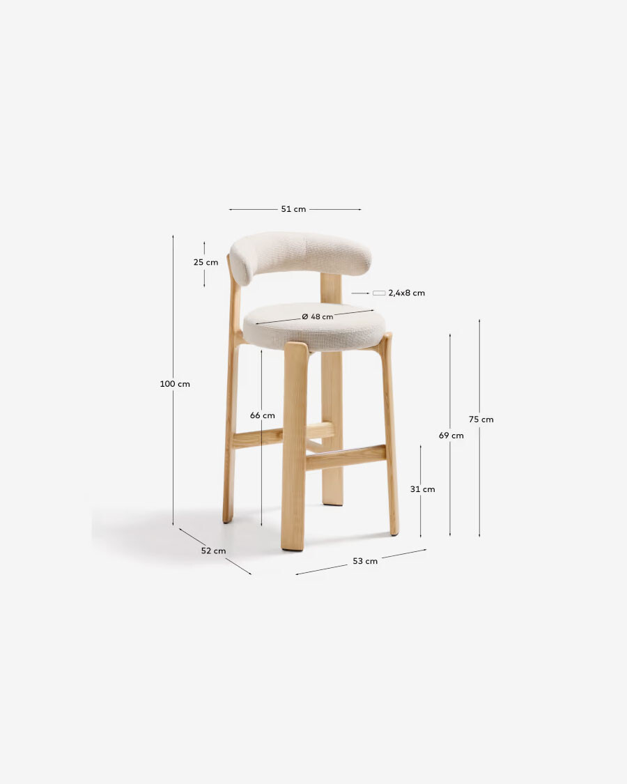 Taburete Granite de chenilla beige y madera maciza de fresno con acabado tono natural FSC 100% 75 cm Taburete Granite de chenilla beige y madera maciza de fresno con acabado tono natural FSC 100% 75 cm