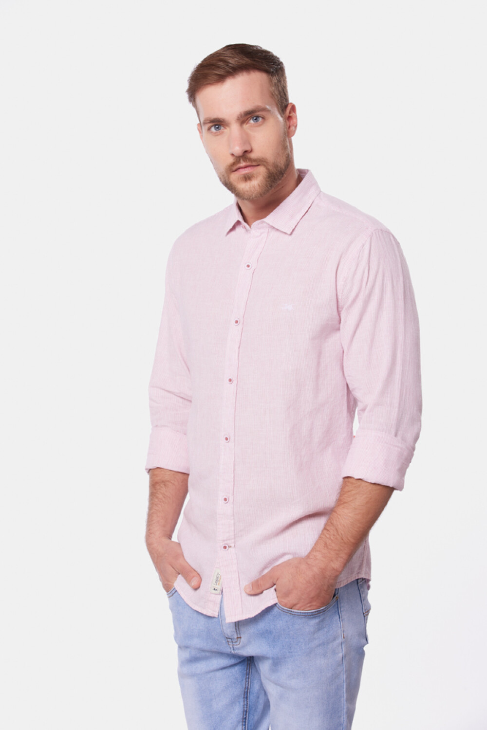 CAMISA DE LINO RAYADA Rosa