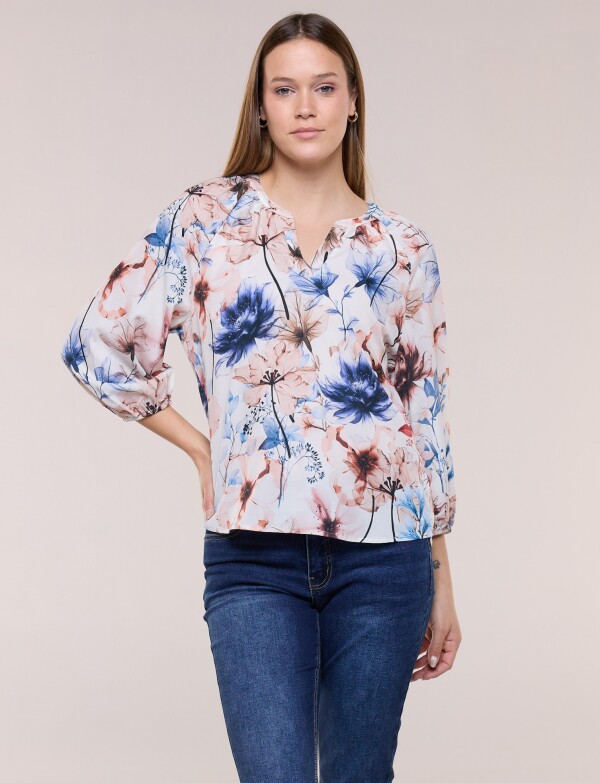 Blusa Gasa Escote V Manga 3/4 Abullonada MULTI/CRUDO