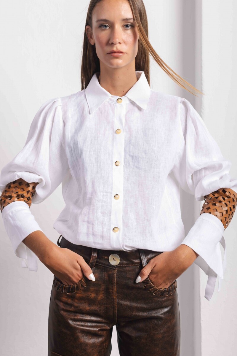 Camisa Puño Lino Blanco Con Camel