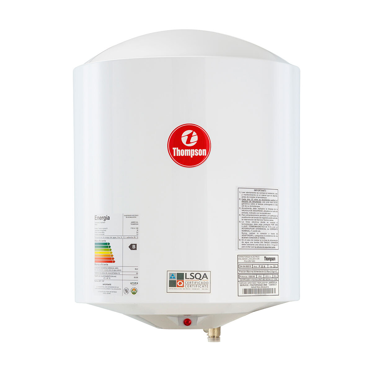 TERMOTANQUE THOMPSON 30 L ACERO CILINDRICO 