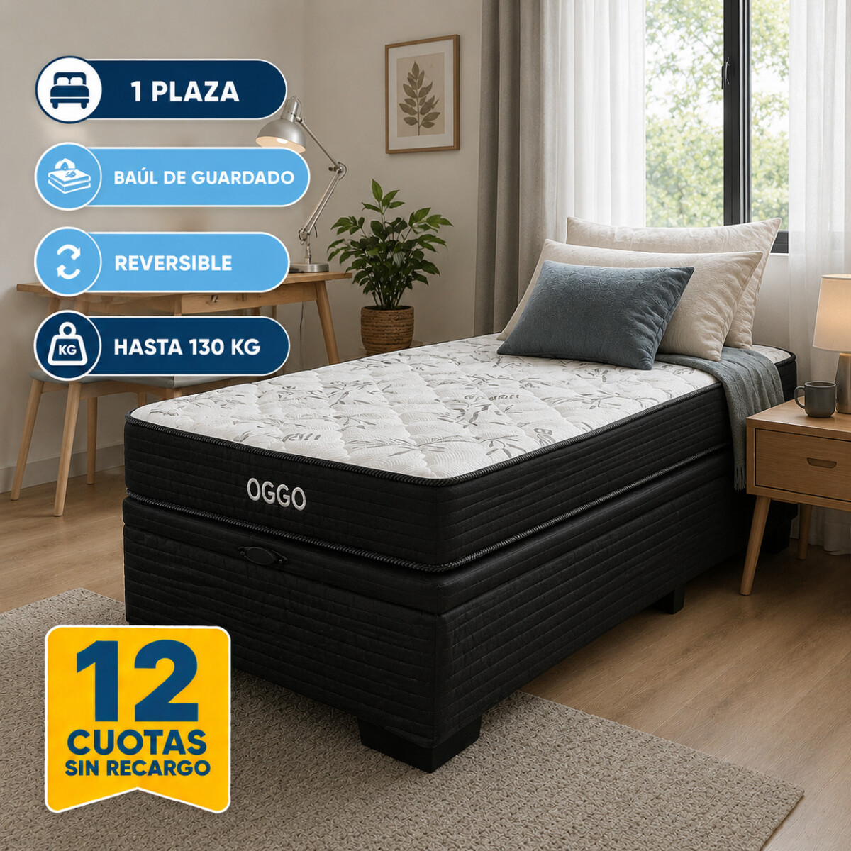 Sommier Baul SUPER MEGA Oggo® - Espuma - GARANTIA 1 AÑO - 1 Plaza - 78 cm 