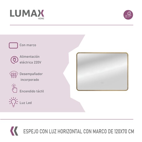 Espejo Horizontal Lumax c/marco desempañador y luz 120x70cm Dorado