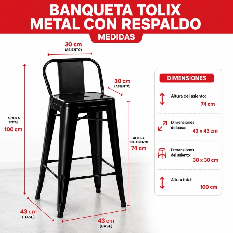 Banqueta Tolix con respaldo NEGRO