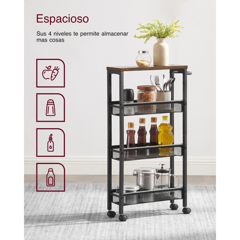 VASAGLE Carrito de Almacenamiento Metálico Delgado de 4 Niveles con Ruedas y Asa – Para Cocina, Sala de Estar, Oficina y Garaje Sin Color