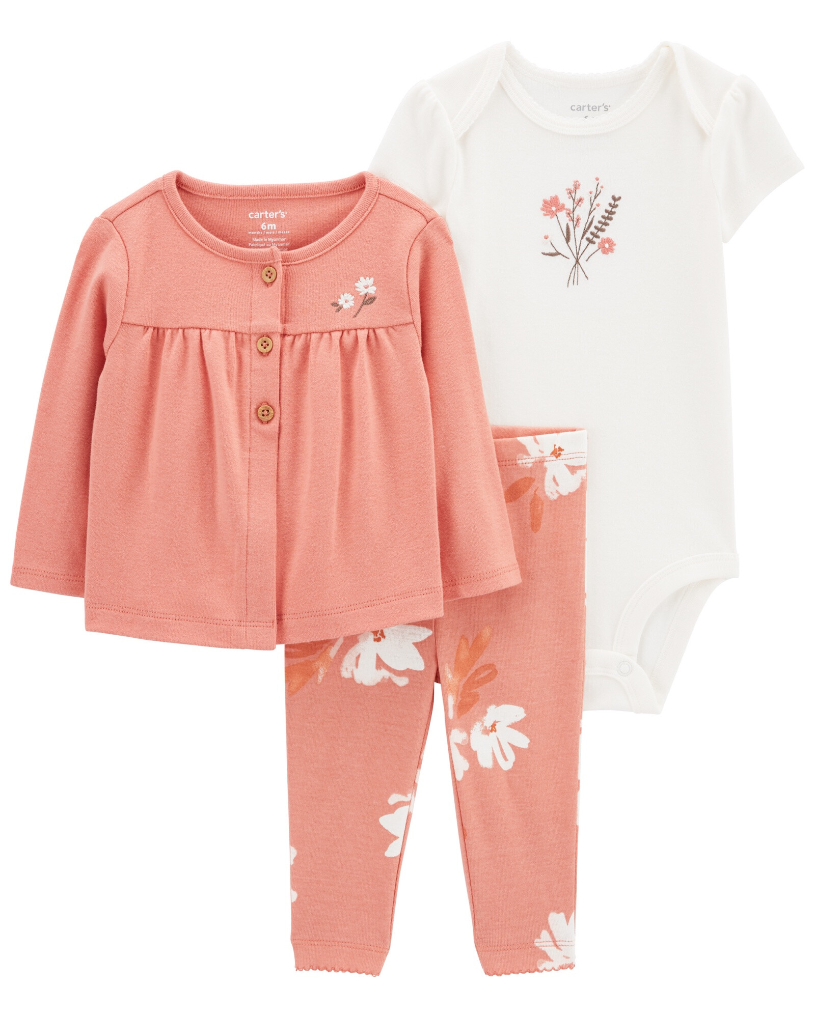 Set tres piezas de algodón, pantalón, saco y body, diseño floral Set tres piezas de algodón, pantalón, saco y body, diseño floral
