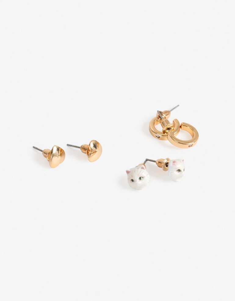 Aros Sets Metal Aros Set Esmaltados Gatitos - Dorado