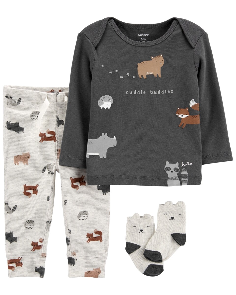 Set tres piezas de algodón, pantalón, remera y medias diseño animales 