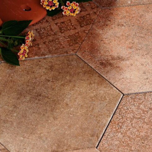 PORCELANATO HEXAGONAL MATE TERRACOTA RUSTICO 22X25 ABADIA GAMAS DE TERRACOTA
