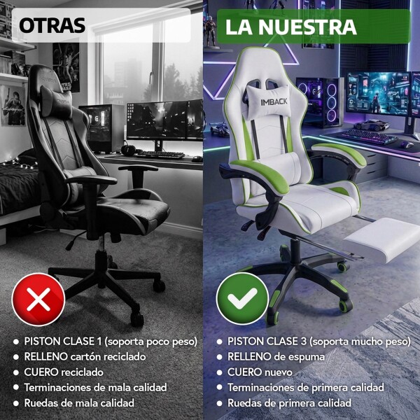 Silla Gamer Ergonomica Escritorio Reclinable con Apoyapies Soporta 200kg IMBACK Color Blanco y Verde Silla Gamer Ergonomica Escritorio Reclinable con Apoyapies Soporta 200kg IMBACK Color Blanco y Verde