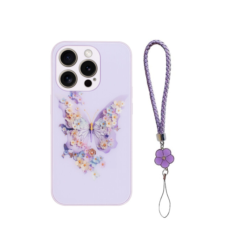 Protector rígido iPhone 15 Pro Max diseño mariposa rosa con correa Protector Rígido Iphone 15 Pro Max Diseño Mariposa Rosa Con Correa