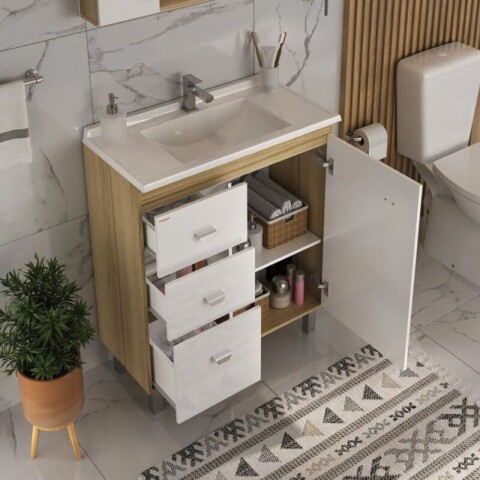 Conjunto de Baño Completo Elisa (56cm) | Mueble de Pie con 3 Cajones, Bacha y Espejo Conjunto de Baño Completo Elisa (56cm) | Mueble de Pie con 3 Cajones, Bacha y Espejo