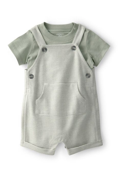Set dos piezas de algodón, enterito corto y remera, diseño a rayas, verde Sin color