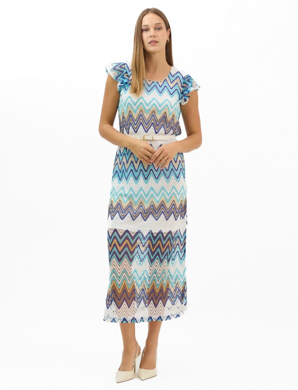 Vestido Midi Calado Con Estampado Zigzag MULTI/AZUL