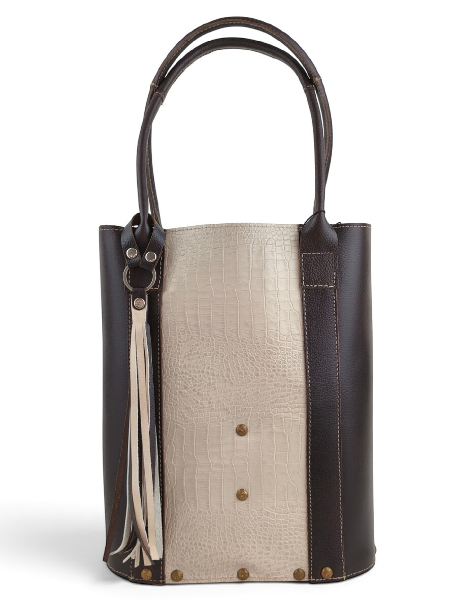 Matera de Cuero Combinado Grabado – Con Compartimento Interno - Croco beige 