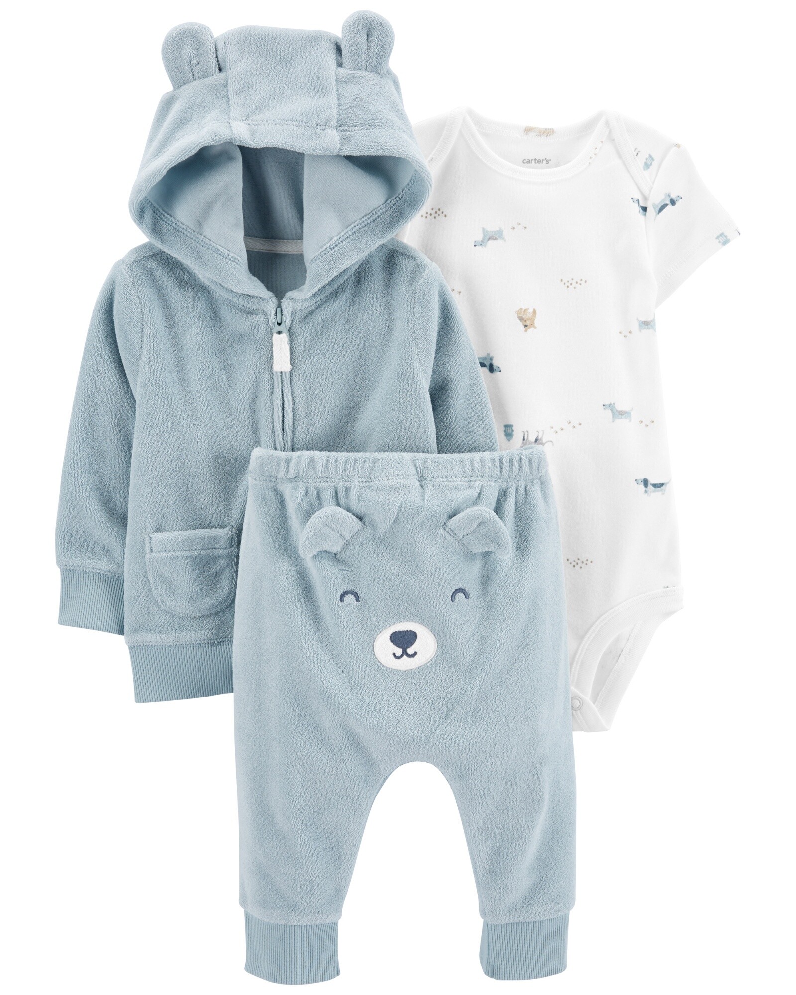 Set tres piezas campera y pantalón de terry más body, diseño perro Set tres piezas campera y pantalón de terry más body, diseño perro