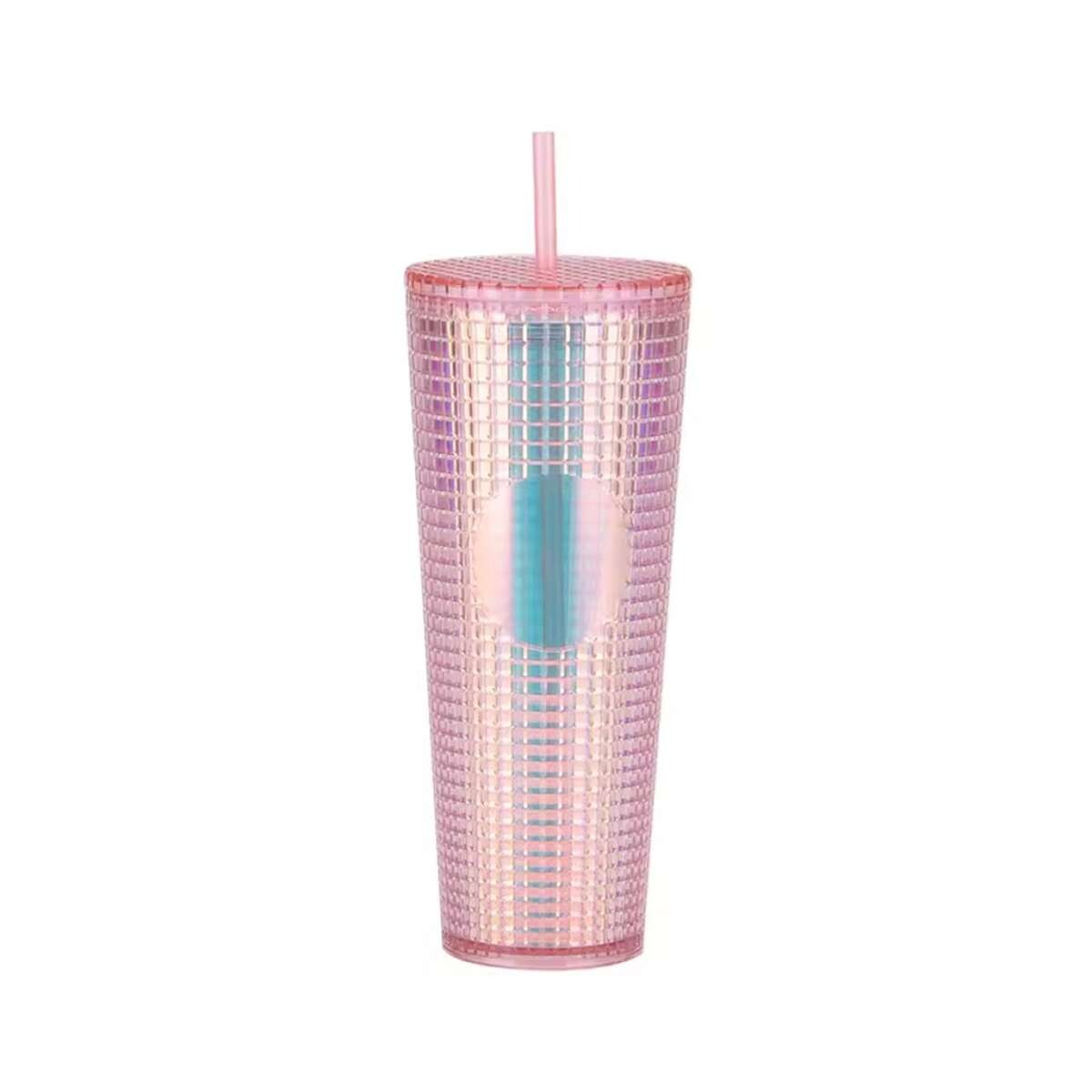Vaso plástico diseño tornasol con tapa y sorbete – 720ml - Rosado 