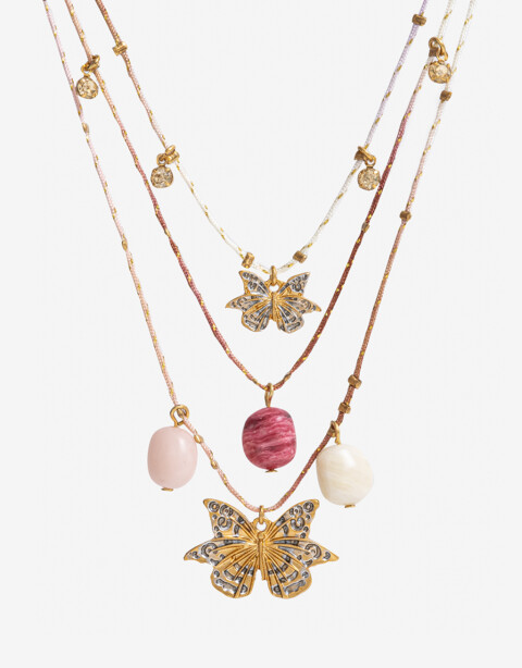 Collares Cortos Piedra Collar Corto Mariposa Y Piedra - Dorado Oro Cepillado Mate