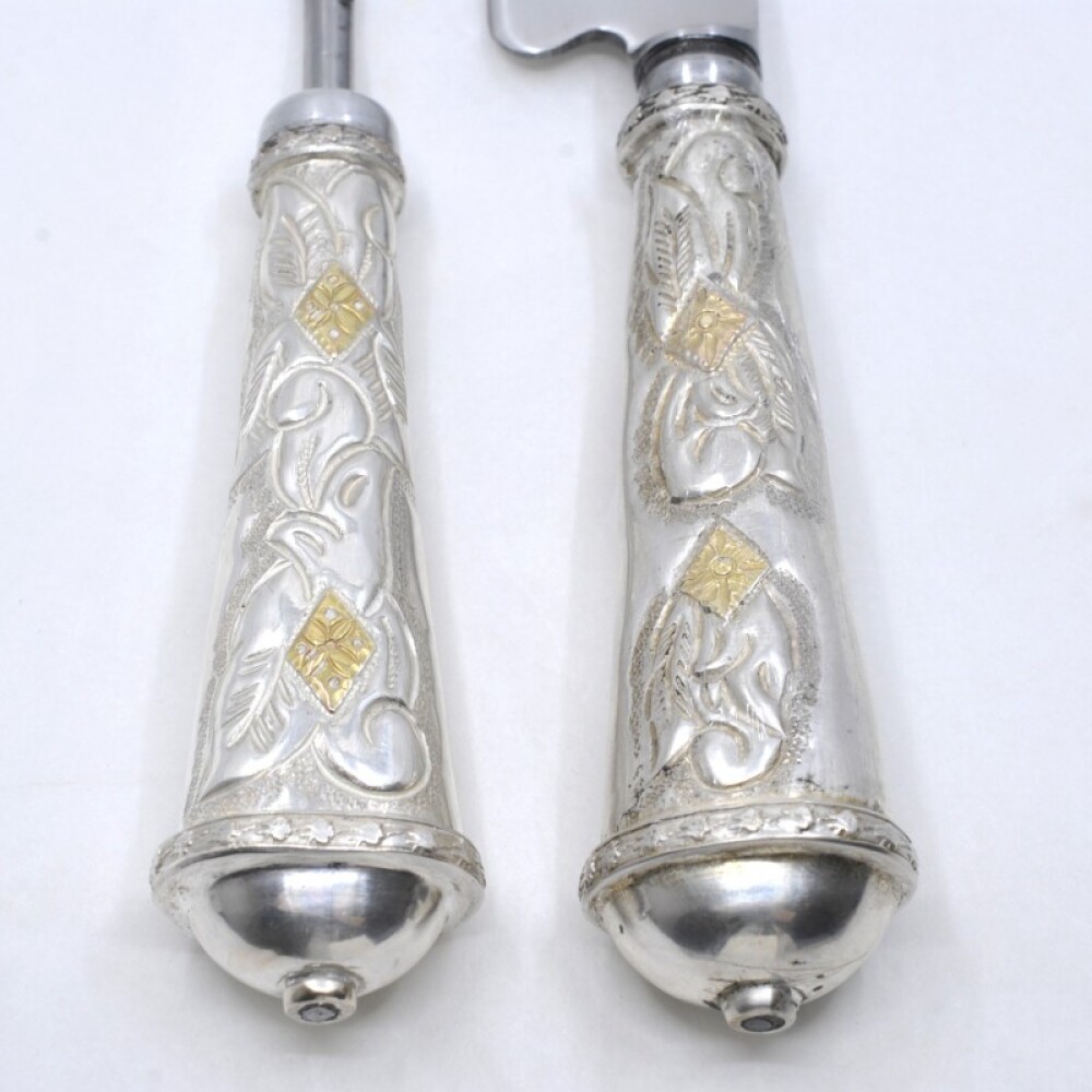 Cuchillo Hoja De 20 Cm Y Chaira, Cabo Plata Y Oro, Vaina De Cuero Cuchillo Hoja De 20 Cm Y Chaira, Cabo Plata Y Oro, Vaina De Cuero
