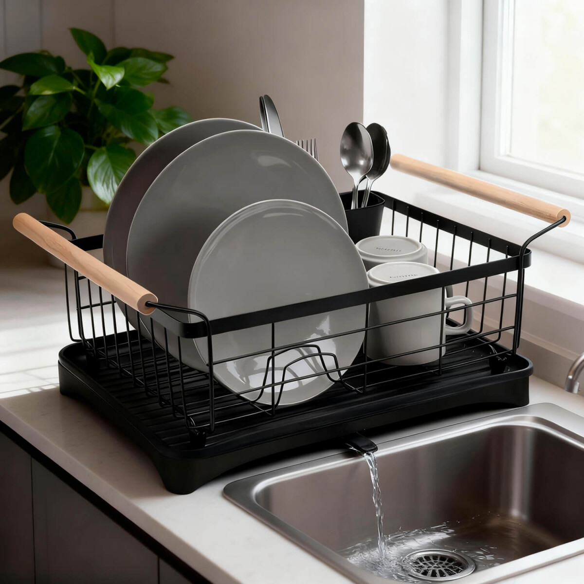 Escurridor Seca Platos Vajilla De Metal Asa De Madera Cocina Imback Color Negro 