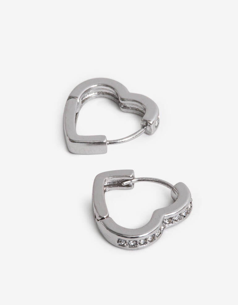 Aros Argollas Metal Argollas De Corazón Plateado Strass - Plateado Rodio