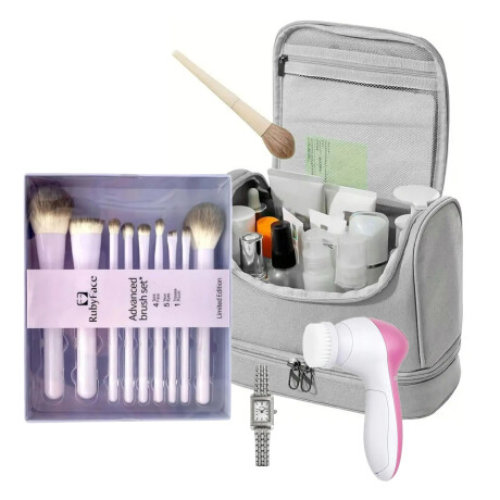 Set Reloj Peque + Brochas Maquillaje + Neceser + Spa Facial Plateado