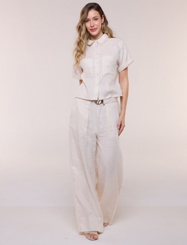 Conjunto De Lino Camisa Bordada Y Pantalon Palazzo BEIGE CLARO