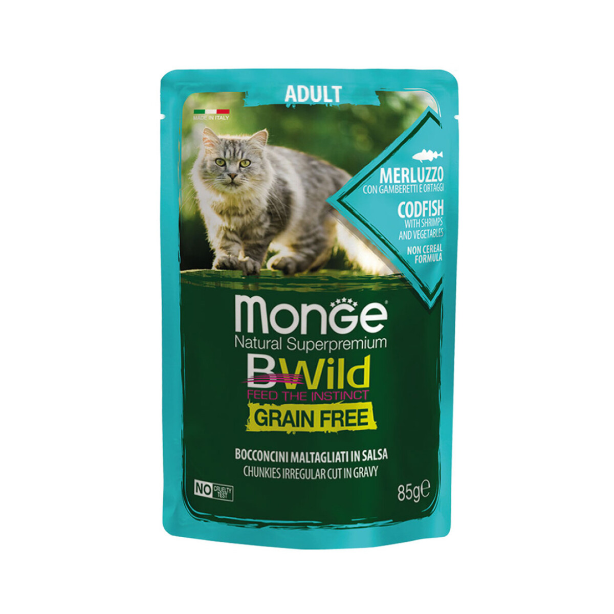 Monge Bwild Grain Free Gato Adulto Bacalao con camarones y verduras 85 grs 