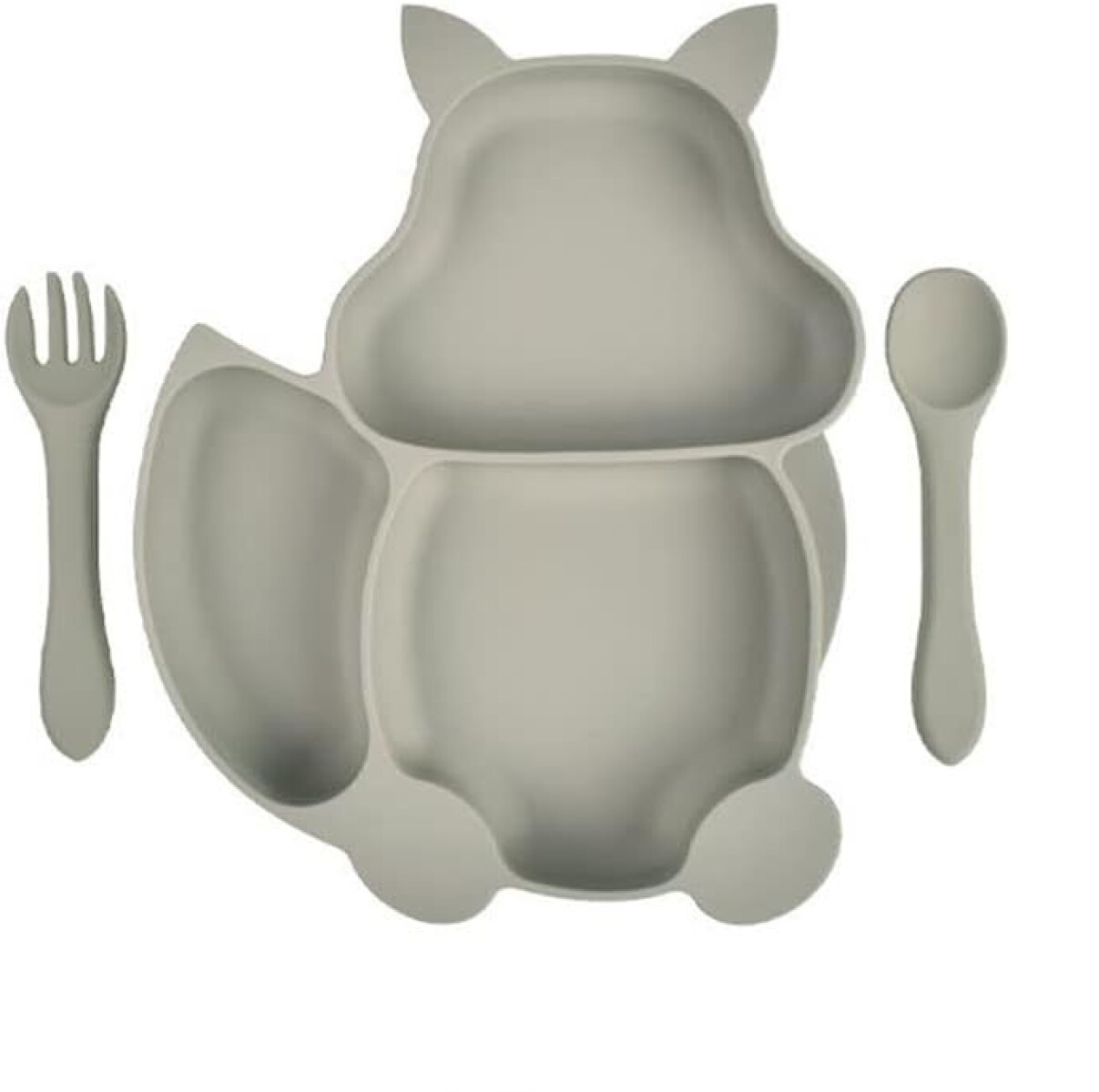 Set plato silicona ardilla con ventosa + cubiertos - Gris 