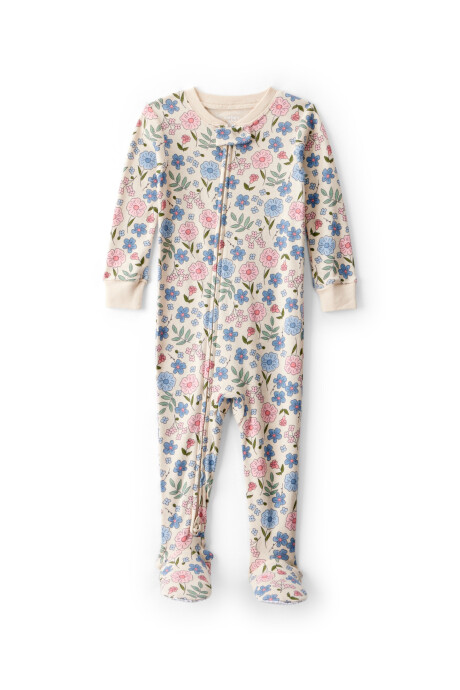 Pijama una pieza de algodón, con pie, beige, diseño floral Sin color