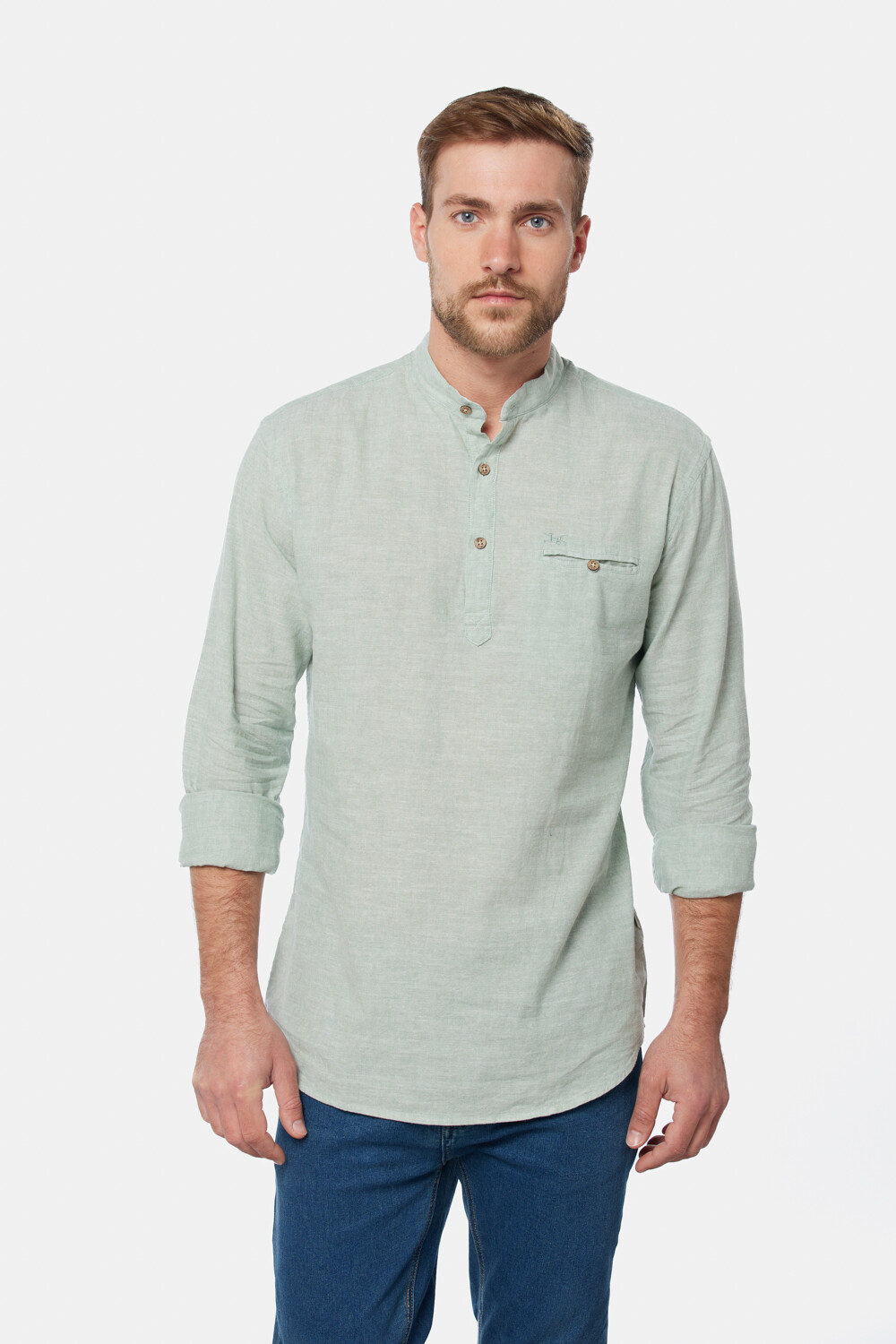 CAMISA LINO MEDIO BOTON CUELLO MAO Verde