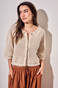Cardigan Texturado Crochet Flores Beige Melange
