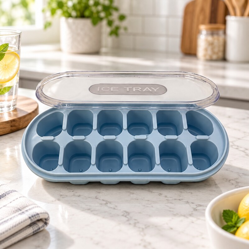 Cubetera para Hielo con Tapa y Base de Silicona 12 Cubos Mini Celeste