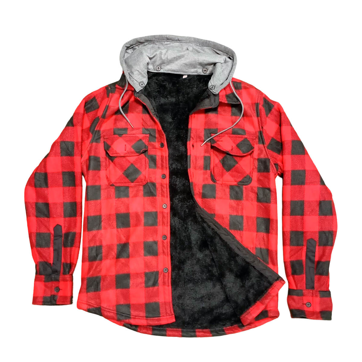 Campera Camisa Leñadora Cangurito Capucha Botones - Rojo 