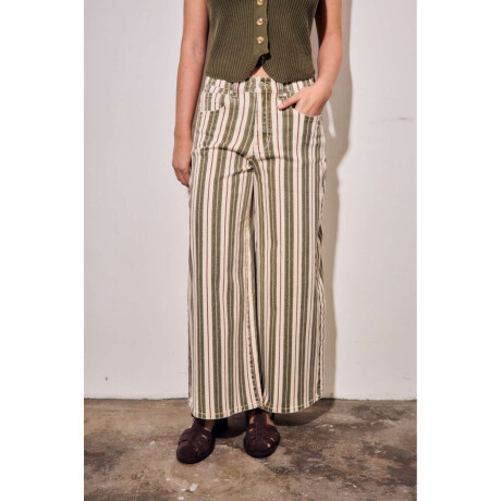 Jean Wide Leg Rayado Oliva Y Crema