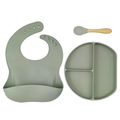 Set de Comida para Bebé con Babero Plato Cuchara en Silicona Azul Grisáceo