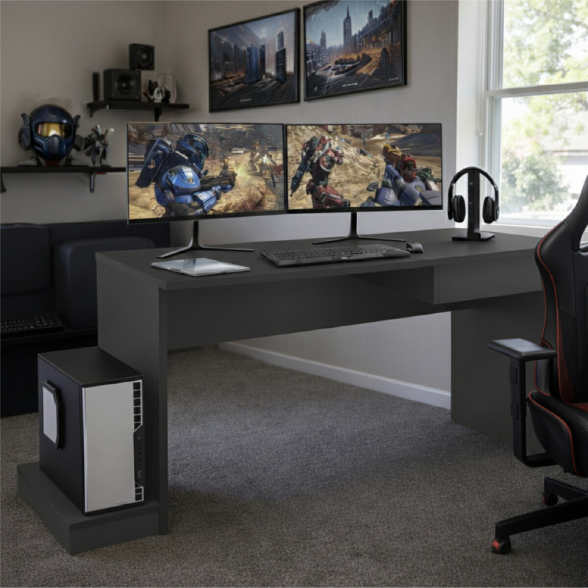 Escritorio Gamer con Cajón y Soporte para CPU | Mesa Gaming Moderna - Grafito 