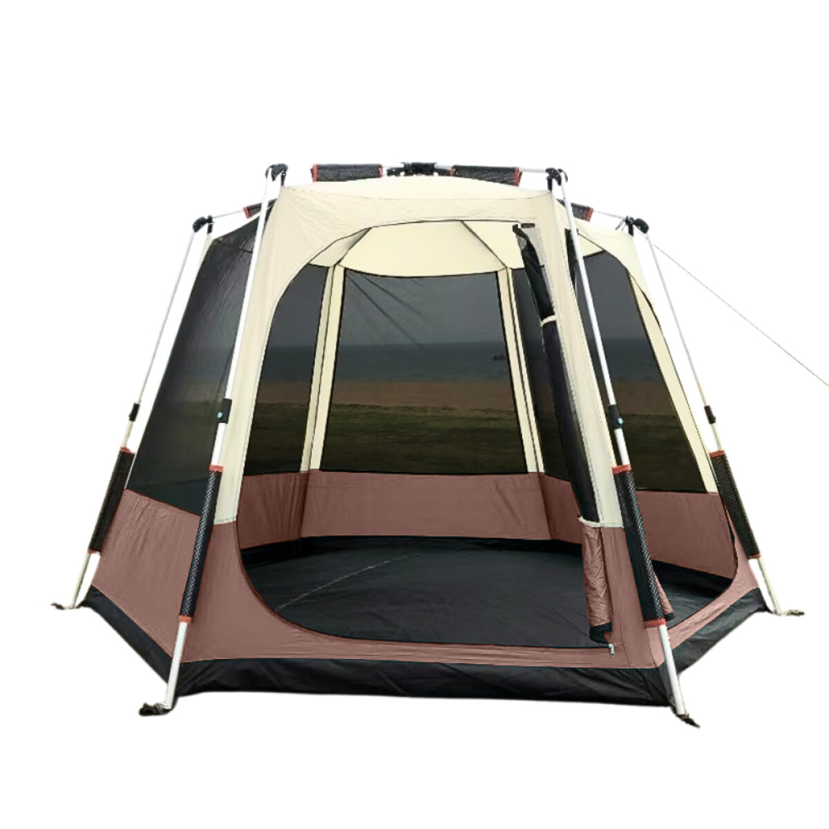 Carpa hexagonal automática con toldo - 4 personas - Marrón 