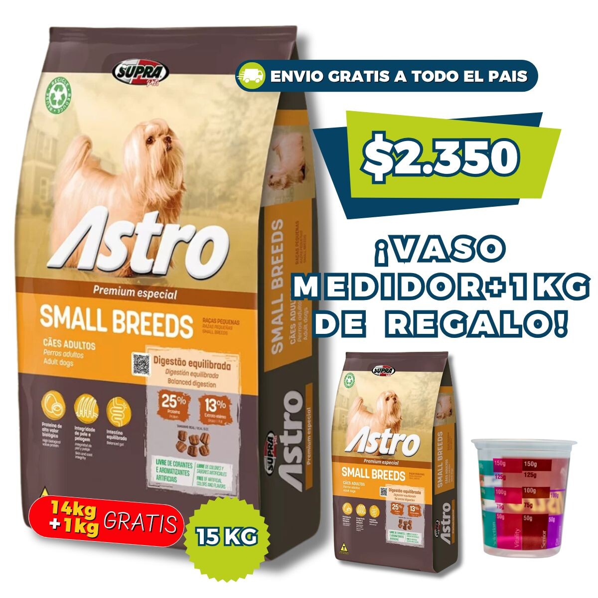 ASTRO PERROS ADULTOS RAZAS PEQUEÑAS 14 KG + 1 KG GRATIS + VASO MEDIDOR DE REGALO 