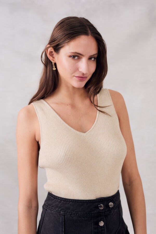 Top Lurex Escote V Beige Melange