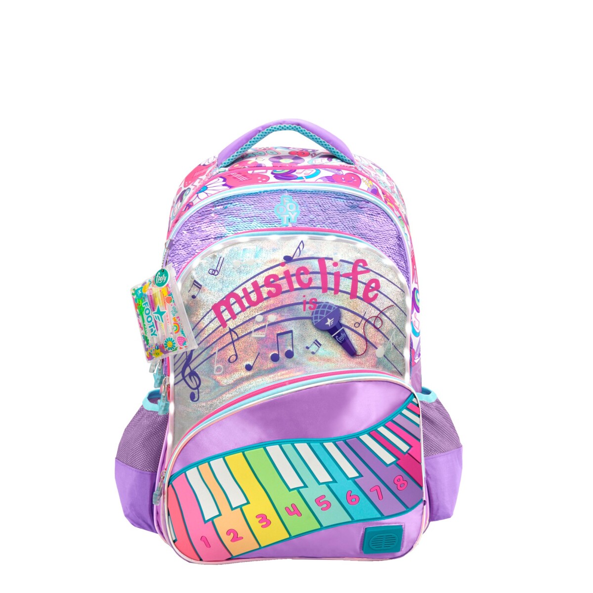 Mochila FOOTY 18" Piano Grande Con Teclado y Luz Led - Violeta - Plateado 