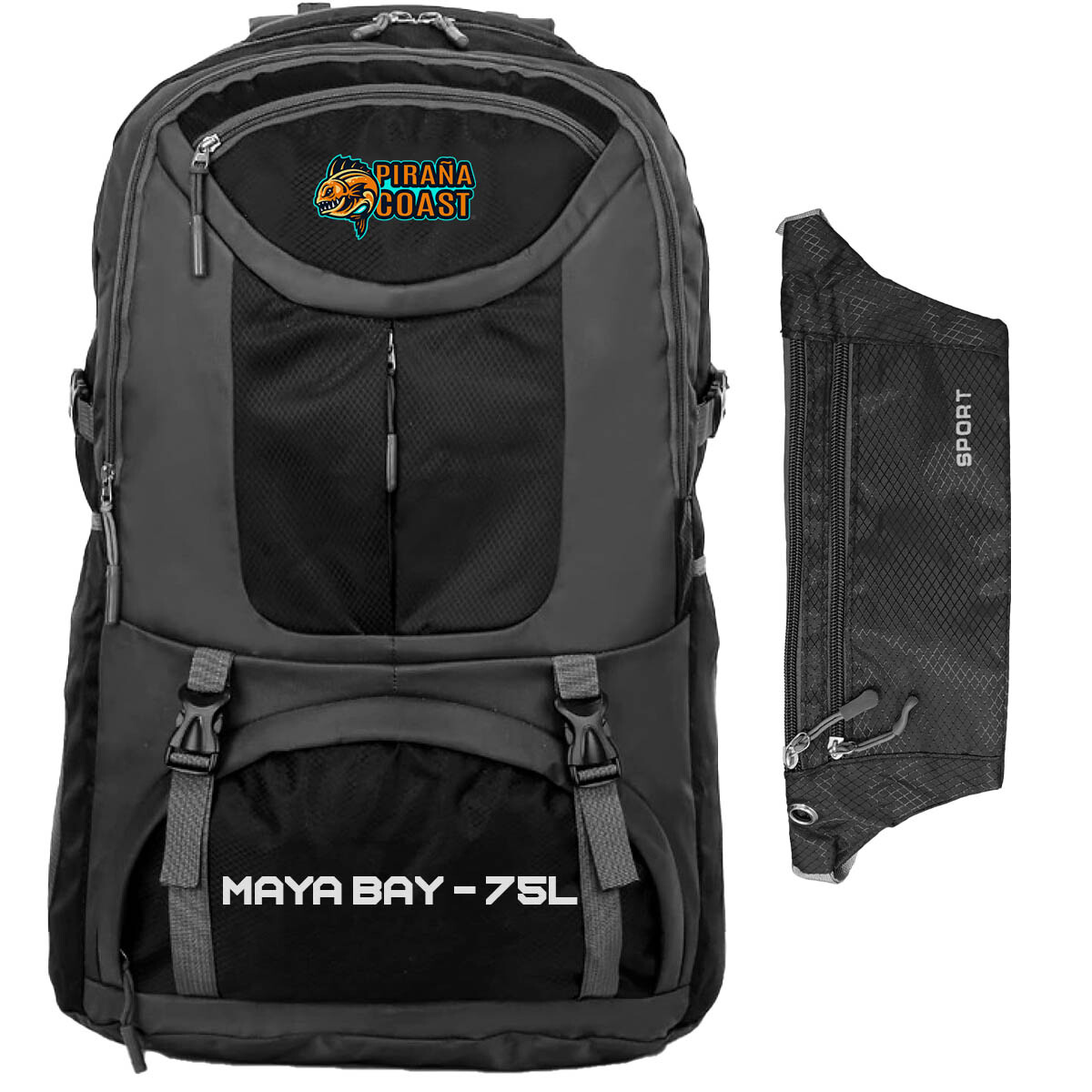 Mochila Camping Maya Bay 75 L + Riñonera Trekking - Negro 
