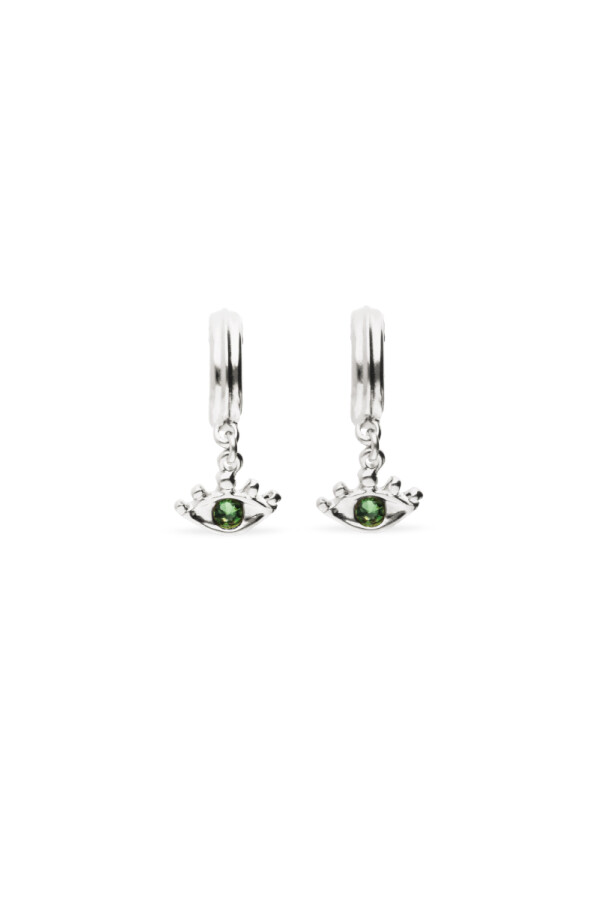PENDIENTES DE ARO EN ALEACIÓN DE METALES BAÑADOS EN PLATA CON DETALLE DE OJO CON CRISTAL FACETADO VERDE Pendiente