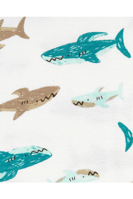 Pijama cuatro piezas de algodón, dos bermudas y dos remeras manga corta diseño tiburones Pijama cuatro piezas de algodón, dos bermudas y dos remeras manga corta diseño tiburones