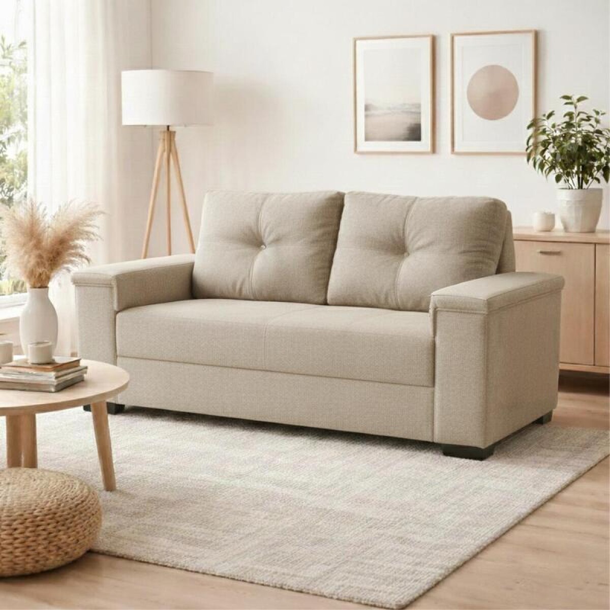 Sillón Sofá de 2 Cuerpos Amsterdam en Lino– Estructura de Madera Maciza y Confort Soft Color Gris Beige 