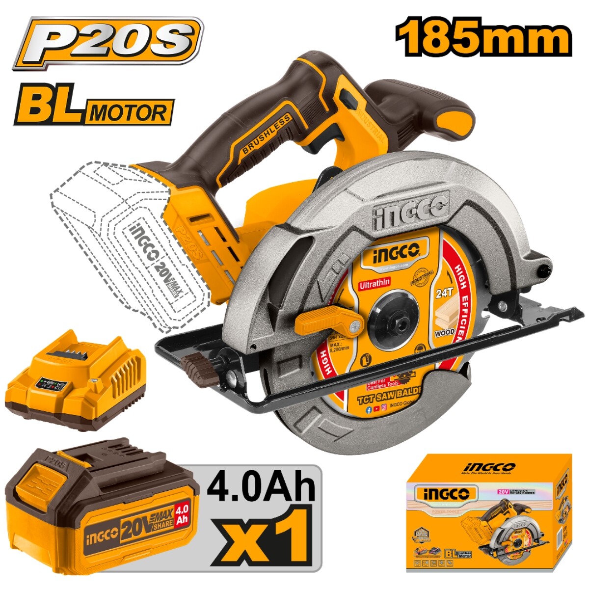 Sierra Circular a Bateria Ingco CSLI18511 20V Bat Crg 