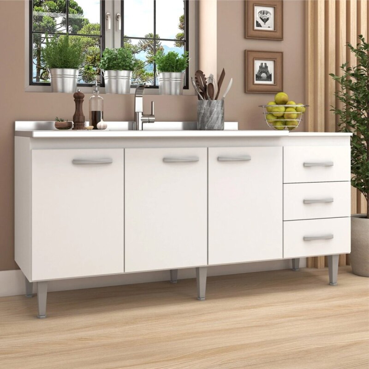 Bajo Mesada 3 Puertas 3 Cajones 160 cm de Ancho Patas Ajustables - Blanco 